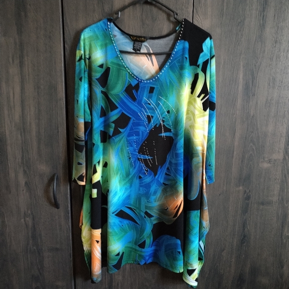 Valentina Blouse Jewel Tone Blue Green Gold Abstract Swirl Embellishments Large - Picture 2 of 8